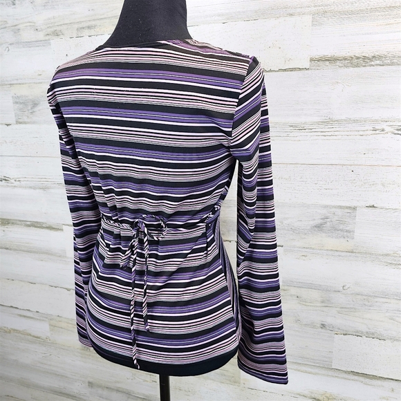 Y2K My Michelle Striped Wrap Top Long Sleeve V-Neck Retro Stretch Blouse Large - Picture 7 of 14